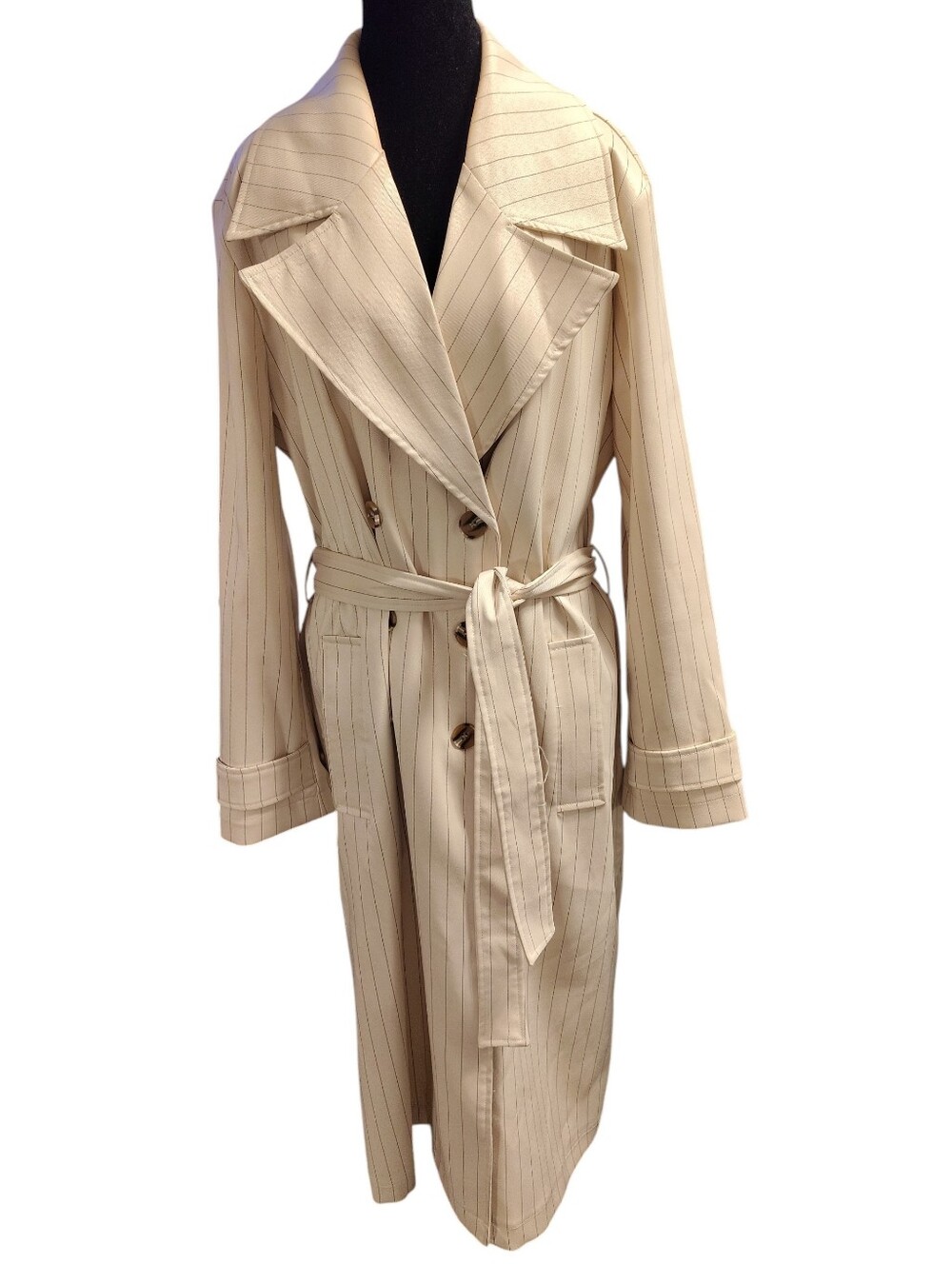 Bagatelle Collection New York Classic Cream Pinstripe Trench Coat, Size XL